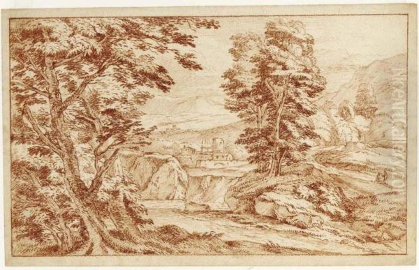 A Southern Mountainous Landscape With A Small Village And Figures To The Right Resting Oil Painting by Adriaen Frans Boudewijns