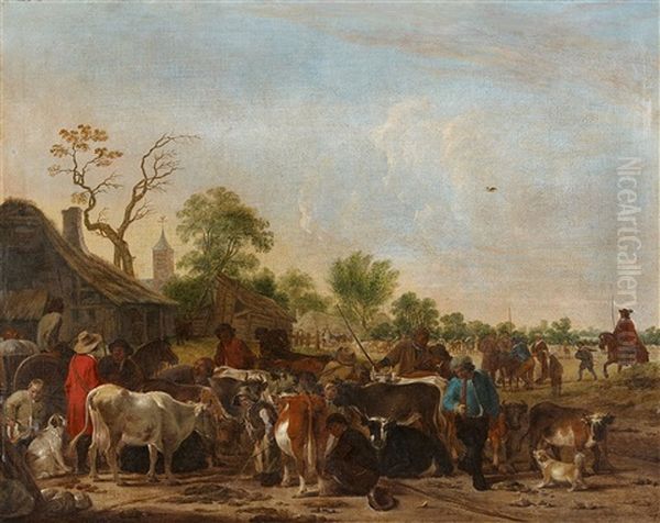 A Cattle Market Oil Painting by Cornelis Saftleven