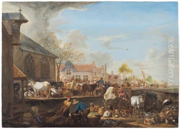 A Cattle Market By A Canal On The Outskirts Of A Town Oil Painting by Cornelis Saftleven