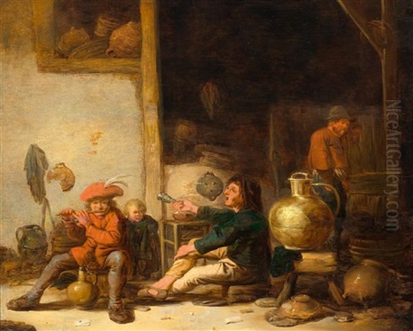 Interior Of A Stable With A Peasant Playing The Flute And One Drinking, With A Large Jug To The Right Oil Painting by Cornelis Saftleven