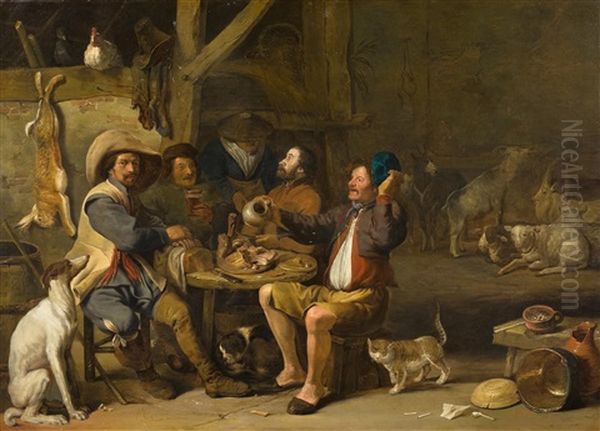 Interieur Mit Vier Mannern Um Einen Tisch Sitzend Oil Painting by Cornelis Saftleven