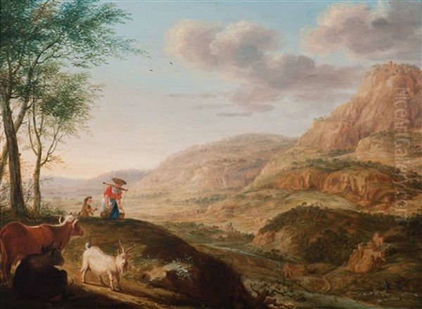 Wide Mountainous Landscape With Cattle, A Milkmaid And A Boy In The Foreground by Cornelis Saftleven