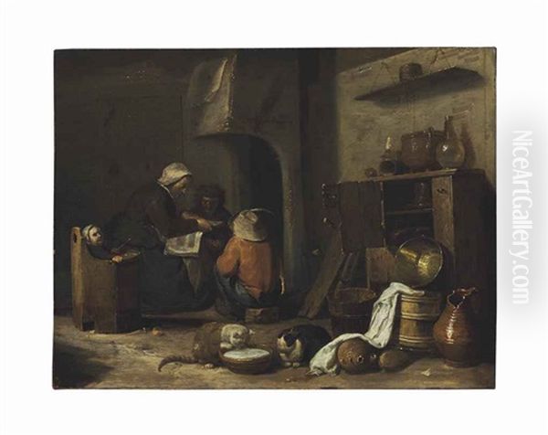 A Kitchen Interior With A Mother Reading To Children Gathered Around A Hearth Oil Painting by Cornelis Saftleven