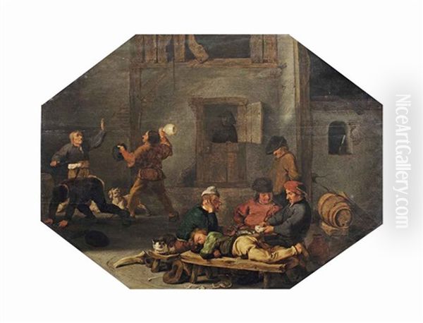 A Tavern Interior With A Game Of Cards And Brawlers by Cornelis Saftleven