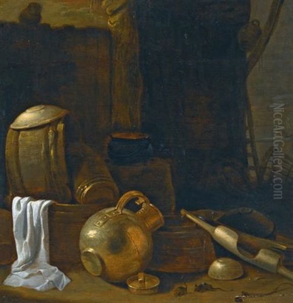 A Still Life With Pottery And Other Kitchen Utensils Oil Painting by Cornelis Saftleven