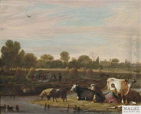 Landliches Idyll Mit Einer Melkenden Bauerin An Einem Bach, Im Mittelgrund Bauern Bei Einer Pause Wahrend Der Heuernte Oil Painting by Cornelis Saftleven