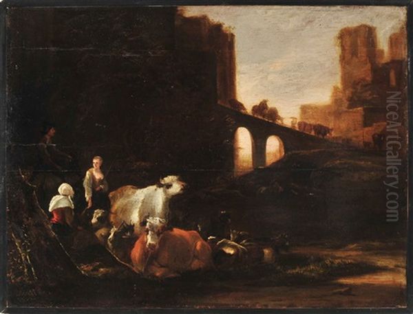 Drei Hirten Rasten Mit Rindern Und Ziegen Nahe Einer Brucke Vor Den Toren Einer Stadt Oil Painting by Cornelis Saftleven