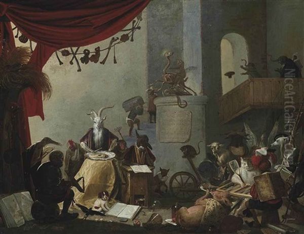 An Interior With A Goat Eating An Oyster, A Donkey At A School Desk, A Cat Playing Tric-trac And Other Mythical Creatures Oil Painting by Cornelis Saftleven