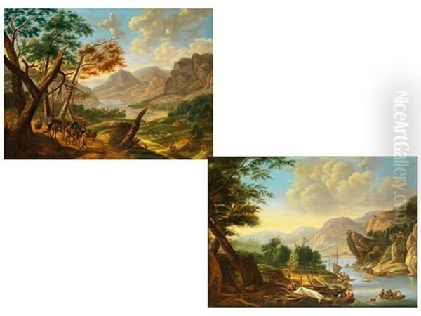 Blick Von Einer Gebirgigen Anhohe Ins Tal Mit Flusslauf (+ Flusslauf Mit Kahnen In Felsiger Gegend; Pair) by Cornelis Saftleven