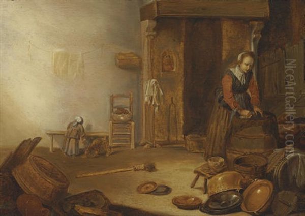 A Kitchen Interior Oil Painting by Cornelis Saftleven