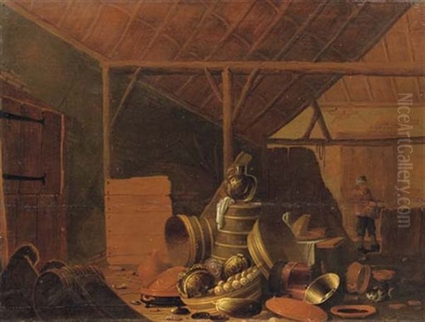 A Barn Interior With Vegetables And Kitchen Utensils, A Peasant Carrying A Basket Beyond Oil Painting by Cornelis Saftleven