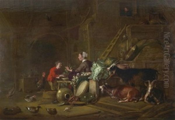 Groses Interieur Mit Magd, Knecht Und Vieh Oil Painting by Cornelis Saftleven