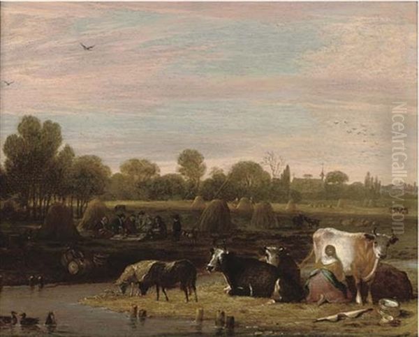 A Milkmaid By A Stream With Sheep Grazing, With Haymakers In A Field, A Church Beyond Oil Painting by Cornelis Saftleven