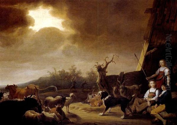 Hirten Mit Einem Hund Und Herde Vor Einem Bauernhaus In Einer Hollandischen Landschaft Oil Painting by Cornelis Saftleven