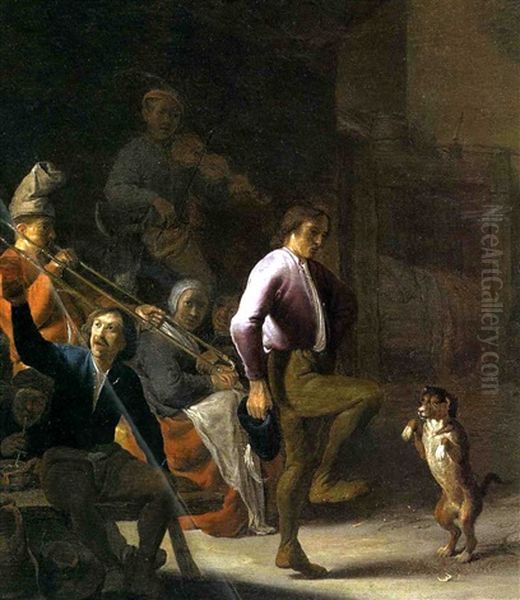 Musizierende Bauern Mit Einem Tanzer, Der Einen Hund Tanzen Lehrt Oil Painting by Cornelis Saftleven