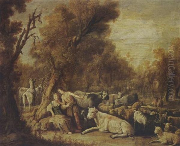 A Pastoral Landscape With An Amourous Couple And Their Flock Of Cows, Sheep And Goats Oil Painting by Cornelis Saftleven