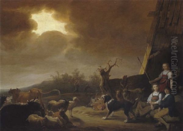 Hirten Mit Einem Hund Und Herde Vor Einem Bauernhaus In Einer Hollandischen Landschaft Oil Painting by Cornelis Saftleven