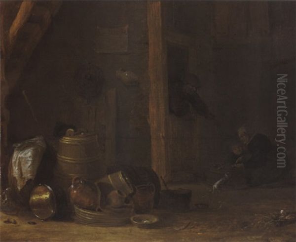 A Barn Interior With A Still Life With Kitchen Utensils In The Foreground, Together With A Woman And A Child Oil Painting by Cornelis Saftleven