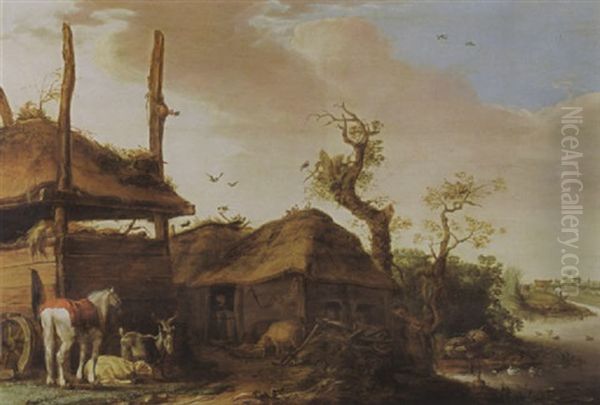 A Farmstead Near A Stream, With A Horse, A Goat, A Sheep And Pigs Near A Haystack, With A Peasant Looking Out Through His Doorway Oil Painting by Cornelis Saftleven