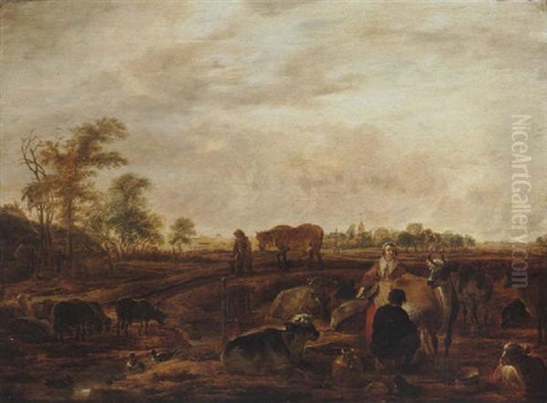 A Landscape With A Milkmaid And Man Milking A Cow Near Farm Buildings, A Man Leading A Horse On A Track Nearby, A Church In The Distance Oil Painting by Cornelis Saftleven