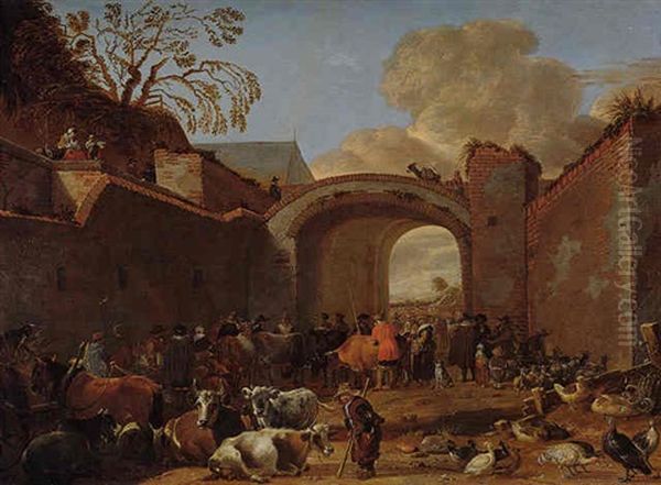 A Cattle Market Within The Walls Of A Town Oil Painting by Cornelis Saftleven