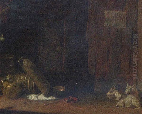 Goats In A Barn Interior Oil Painting by Cornelis Saftleven