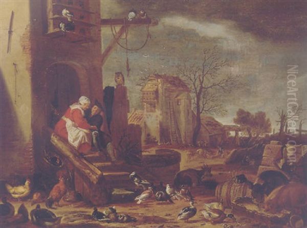 A Couple Embracing By A Farmhouse, The Prodigal Son Among The Swine Beyond Oil Painting by Cornelis Saftleven