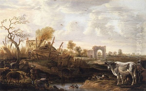 Herdsmen With Pigs, A Cow And Fowl In A Landscape With Farm Buildings And Ruins Beyond Oil Painting by Cornelis Saftleven