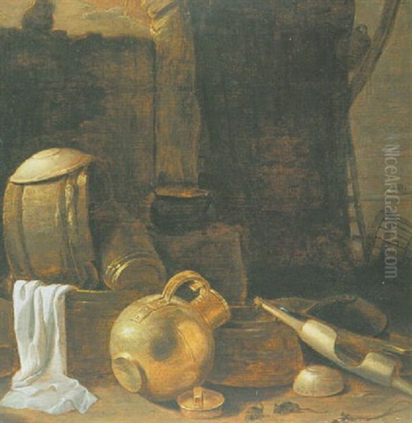 A Still Life With Pottery And Other Kitchen Utensils Oil Painting by Cornelis Saftleven