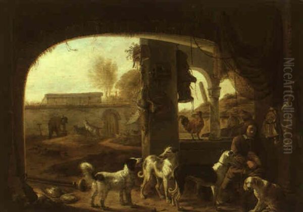 Huntsman Feeding His Dogs Under A Portico With A Farmyard Beyond Oil Painting by Cornelis Saftleven