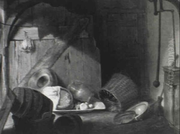 Cooking Utensils, Baskets, A Barrel, A Straw Hat, And       Vegetables In A Barn Interior by Cornelis Saftleven