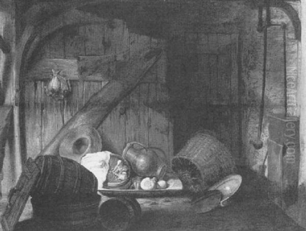 Corner Of A Kitchen Interior With Copper Pots And Wooden    Barrels by Cornelis Saftleven