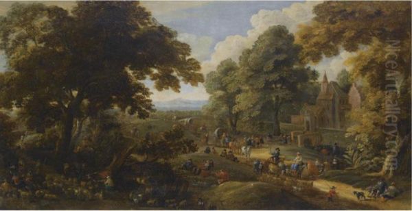 Landscape With Travellers Passing Through A Village Oil Painting by Adriaen Frans Boudewijns