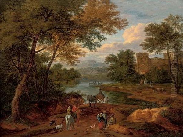 A Wooded River Landscape With Travellers On A Track, A House Beyond Oil Painting by Adriaen Frans Boudewijns