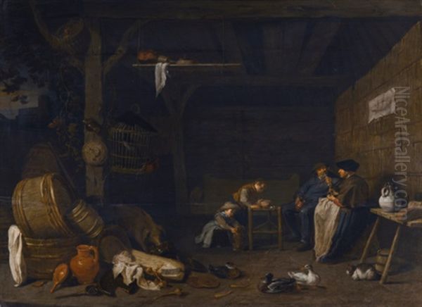 Peasant Family In A Barn Interior Oil Painting by Herman Saftleven