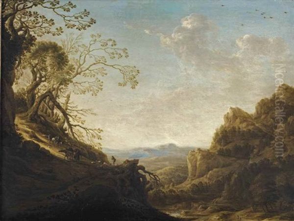 An Extensive Mountainous Landscape With Travellers And A Shepherd With His Flock On A Path, A Valley Beyond Oil Painting by Herman Saftleven