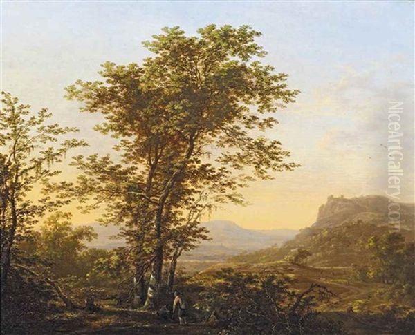 An Italianate Landscape With Two Travellers Resting By A Birch Grove, Figures On A Path Beyond Oil Painting by Herman Saftleven