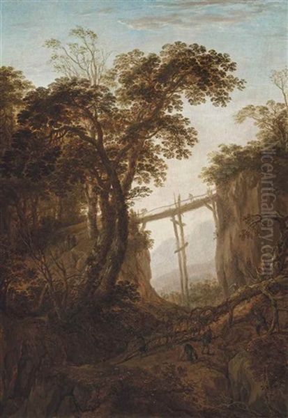 A Wooded Landscape With Woodmen Cutting A Tree, Other Figures On A Track Beyond Oil Painting by Herman Saftleven