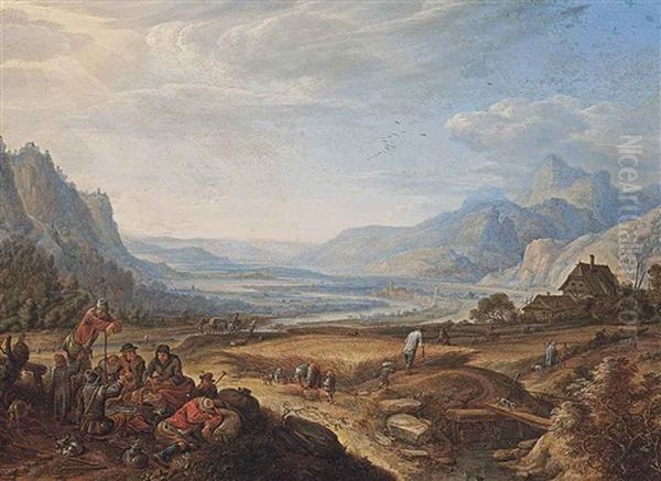 An Extensive Mountainous Landscape With Figures Resting In The Foreground, Others Harvesting, A River Valley Beyond Oil Painting by Herman Saftleven