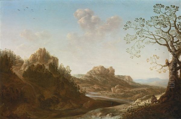 A Panoramic River Valley Landscape With Figures And Village Below Oil Painting by Herman Saftleven