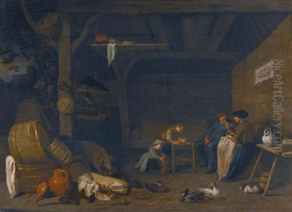 Peasant Family In A Barn Interior Oil Painting by Herman Saftleven