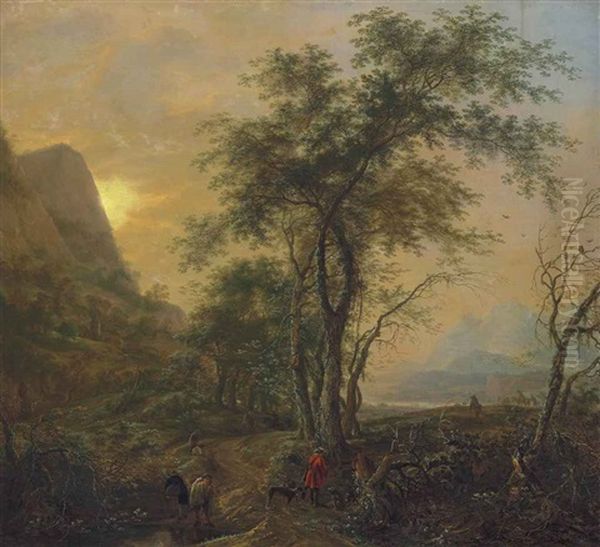 An Italianate Wooded Landscape At Sunset With Travellers And Their Dogs Resting Beside A Path, With Mountains Beyond Oil Painting by Herman Saftleven