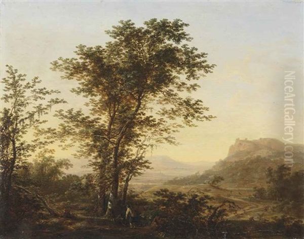 A Mountainous Landscape With Travellers Resting By A Birch Grove, Figures On A Path Beyond Oil Painting by Herman Saftleven