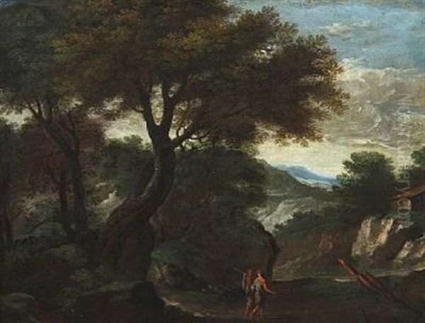 Two Wanderers In A Rocky Landscape With Tall Trees Oil Painting by Herman Saftleven