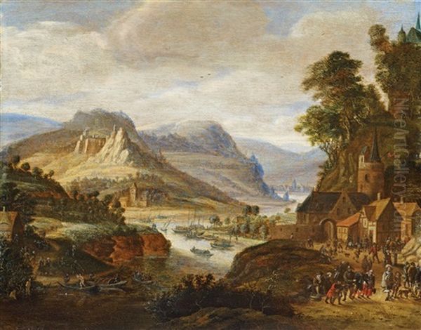 River Landscape With Village And Rich Figural Staffage Oil Painting by Herman Saftleven