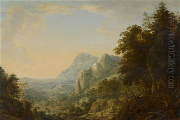 Weite Berglandschaft Mit Holzfaller Und Reisenden Oil Painting by Herman Saftleven