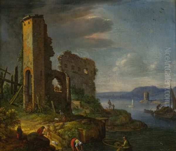 River Landscape With Ruins, Boats, And Figures Oil Painting by Herman Saftleven