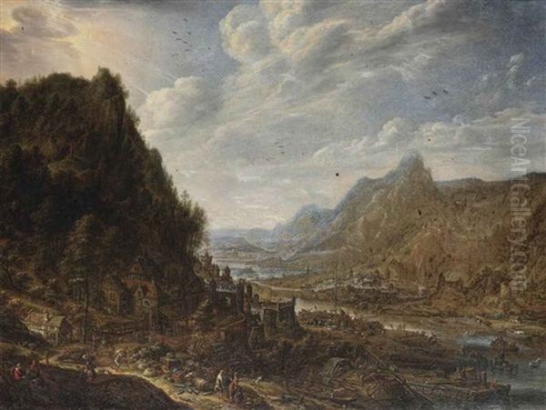 A Rhenish Landscape With Numerous Vessels Moored At A Quay By A Cooperage, A Village On The Hilltop by Herman Saftleven