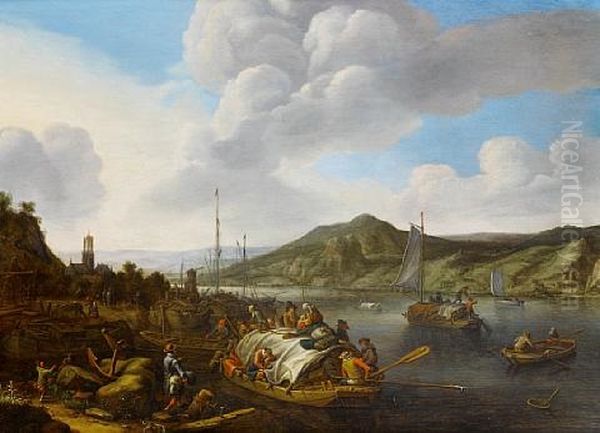 A Rhenish Capriccio With Travellers Approaching A Shore On Barges, A Port And A Village In The Distance Oil Painting by Herman Saftleven