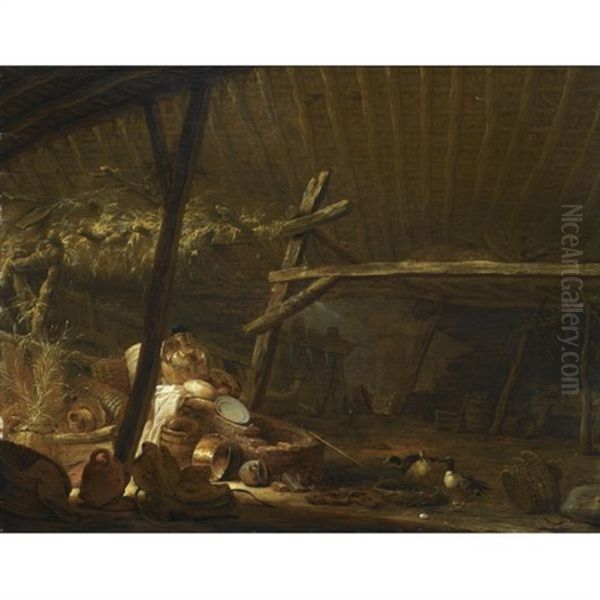 Barn Interior With A Ruined Water Well, Copper Pots, Baskets And Other Objects, Together With Three Ducks Oil Painting by Herman Saftleven